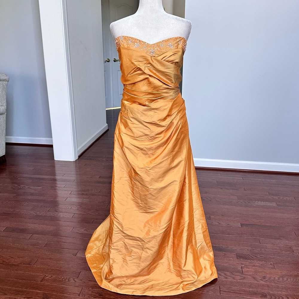 Impression‎ Iridescent Metallic Orange Strapless Beaded Embellished Gown Dress